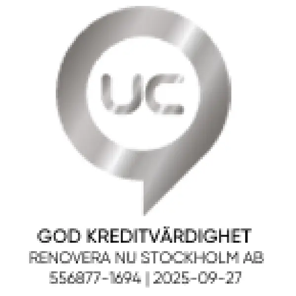 UC sigill i silver med texten God kreditvärdighet, Renovera Nu Stockholm AB, organisationsnummer 556877-1894 och datum 2025-09-27