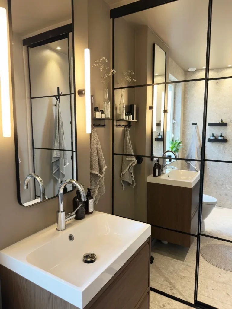 Stilrent badrum i Bromma med modern kommod, spegelvägg och elegant belysning.