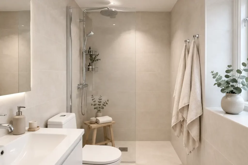 Lyxigt badrum i Älvsjö med kakel, klinker och modern dusch, renoverad av renovera Nu.