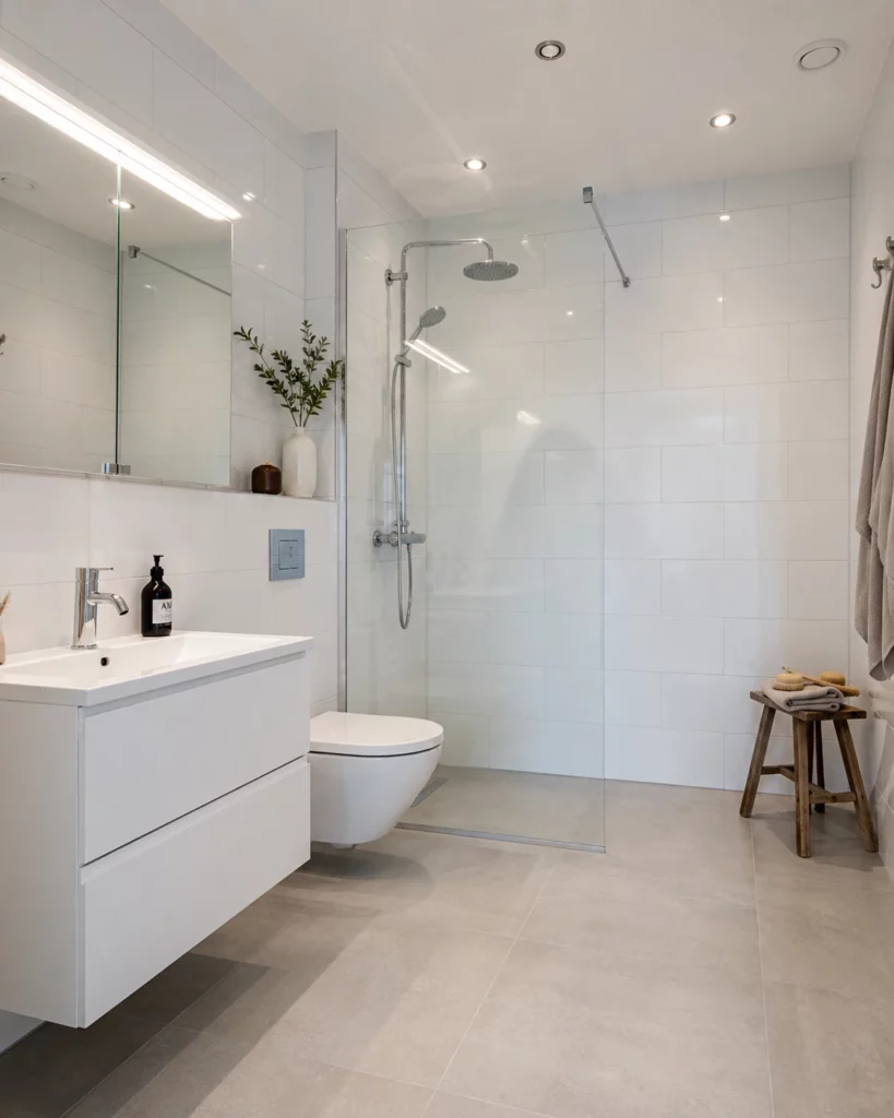 Renoverat badrum i Bromma med walk-in-dusch, ljusgrå granitkeramik och kromade detaljer. Renoverat av Renovera Nu.