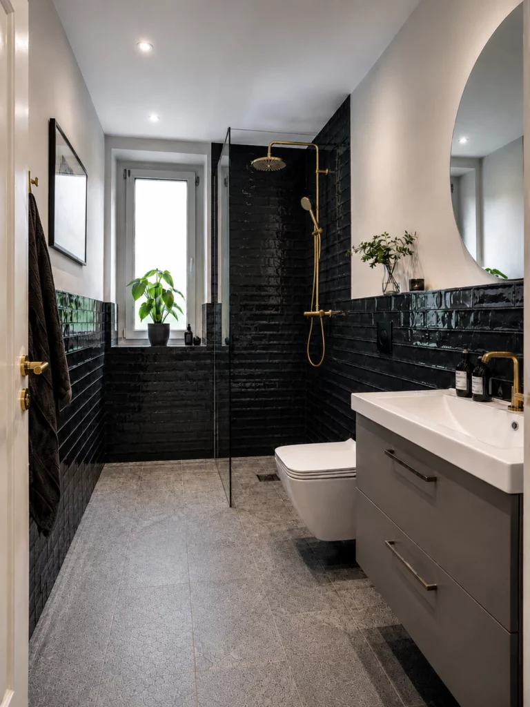 Renoverat badrum i Bromma med antracitkakel 15x60 cm på nedre vägghalva, koksgrå klinker med golvvärme och murad duschvägg med glasdörr. Renoverat av Renovera Nu.