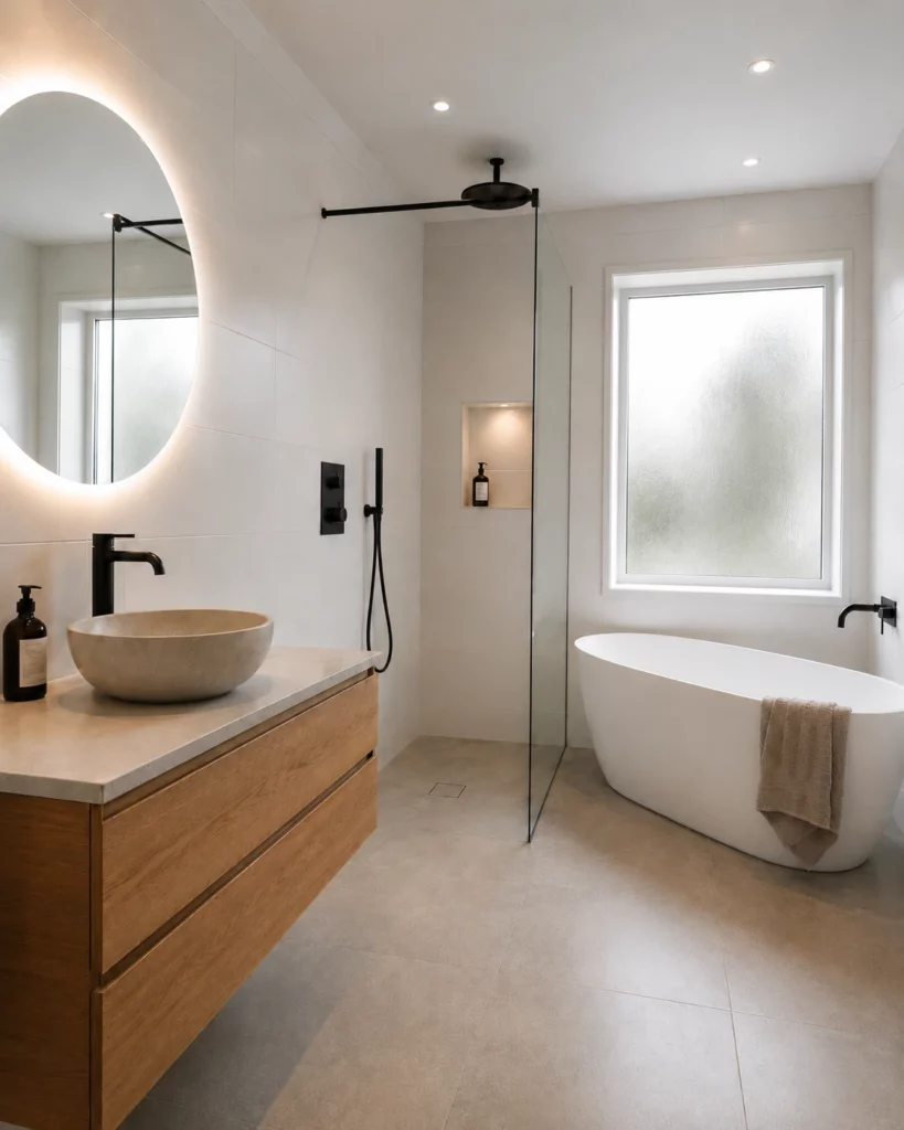 Renoverat villabadrum i Järfälla med granitkeramik på golv, vitt kakel 3 på vägg, ekkommod, black chrome-blandare och fristående badkar. Renoverat av Renovera Nu