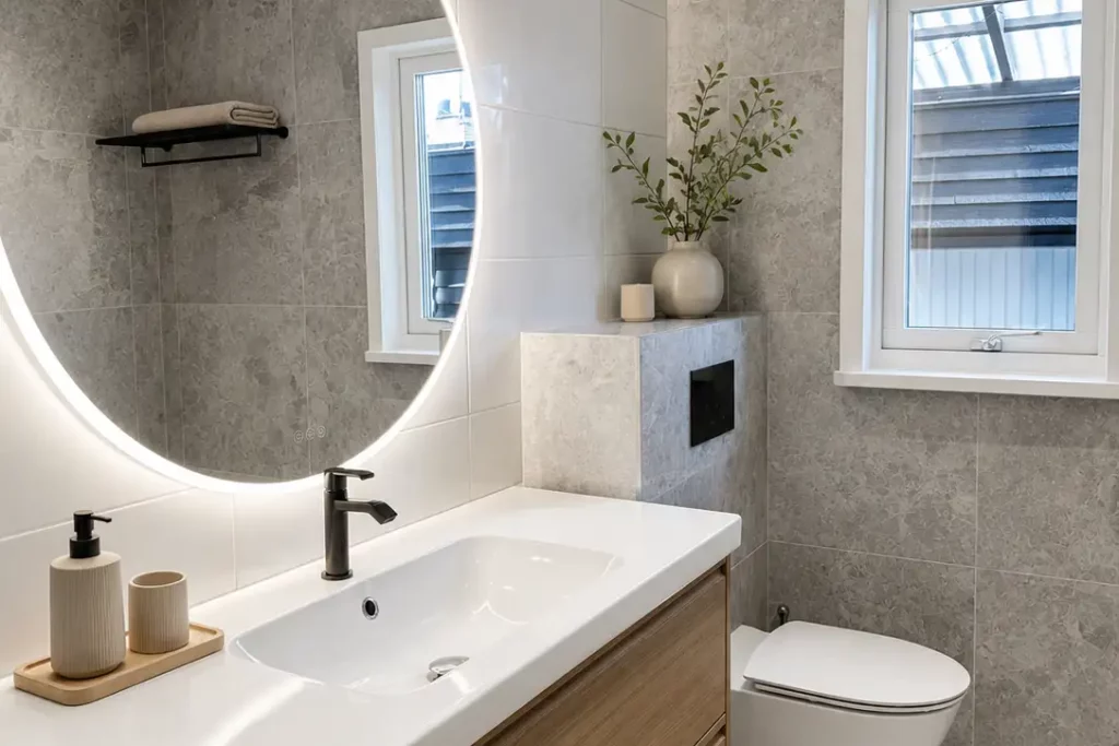 Badrumsrenovering i Järfälla med handfat, kommod och vägghängd wc, renoverad av renovera NU.