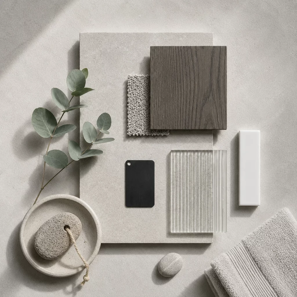 En moodboard för en badrumsrenovering på Kungsholmen gjord av Renovera Nu