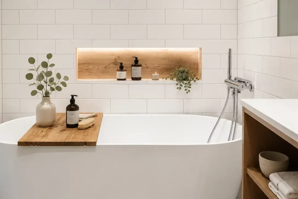 Badrumsrenovering i Tyresö med modern design och ljusa färger. Renoverad av Renovera Nu.