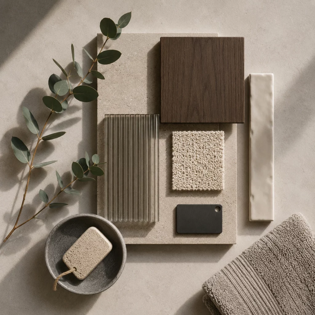 En moodboard för en badrumsrenovering på Ekerö gjord av Renovera Nu