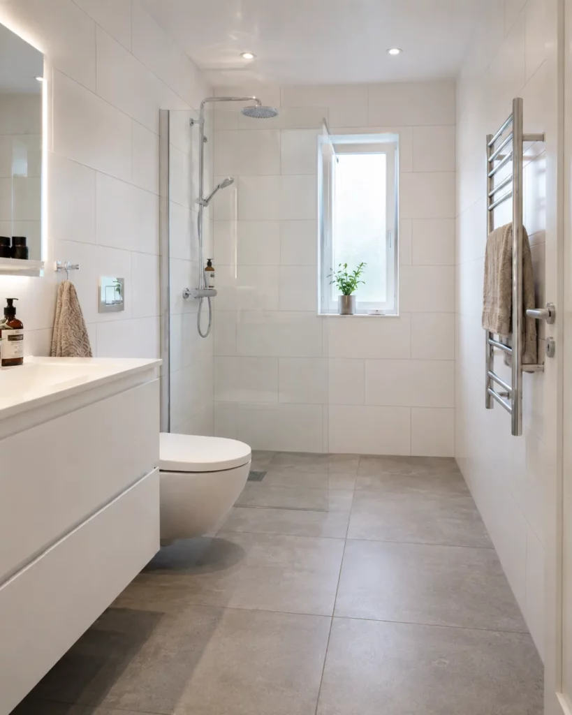 Renoverat badrum i villa i Stenhamra med mellangrå granitkeramik i 60x60 cm, vitt matt kakel i 30x60 cm, dusch med glasvägg, golvvärme och handdukstork i krom. Renoverat av Renovera Nu