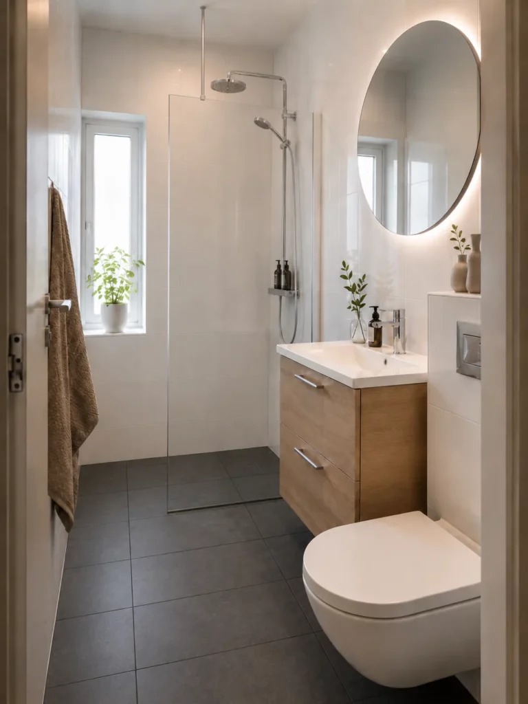 Renoverat mindre badrum på Färingsö med vitt kakel i 30x60 cm lagt vertikalt, mörkgrå granitkeramik på golv, dusch med glasdörr, golvvärme och runt spegelskåp med kantbelysning. Renoverat av Renovera Nu.