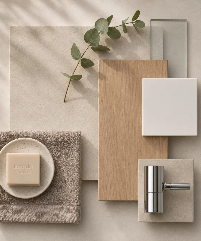 En moodboard för en badrumsrenovering i Hässelby gjord av Renovera Nu