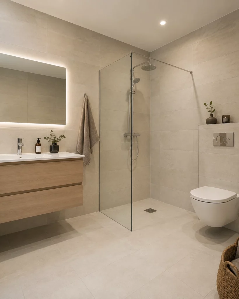 Renoverat badrum i Hässelby Villastad med varm beige granitkeramik i 30x60 cm på golv och väggar, kromad armatur, golvvärme och ett lugnt enhetligt uttryck. Renoverat av Renovera Nu