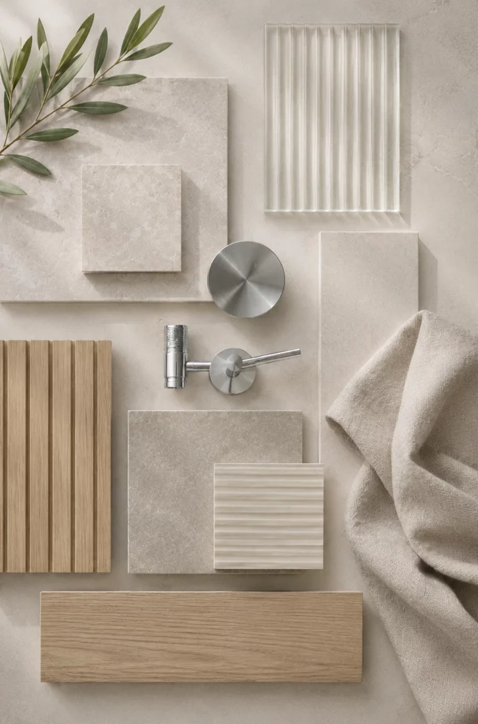 En moodboard för en badrumsrenovering på Lidingö gjord av Renovera Nu