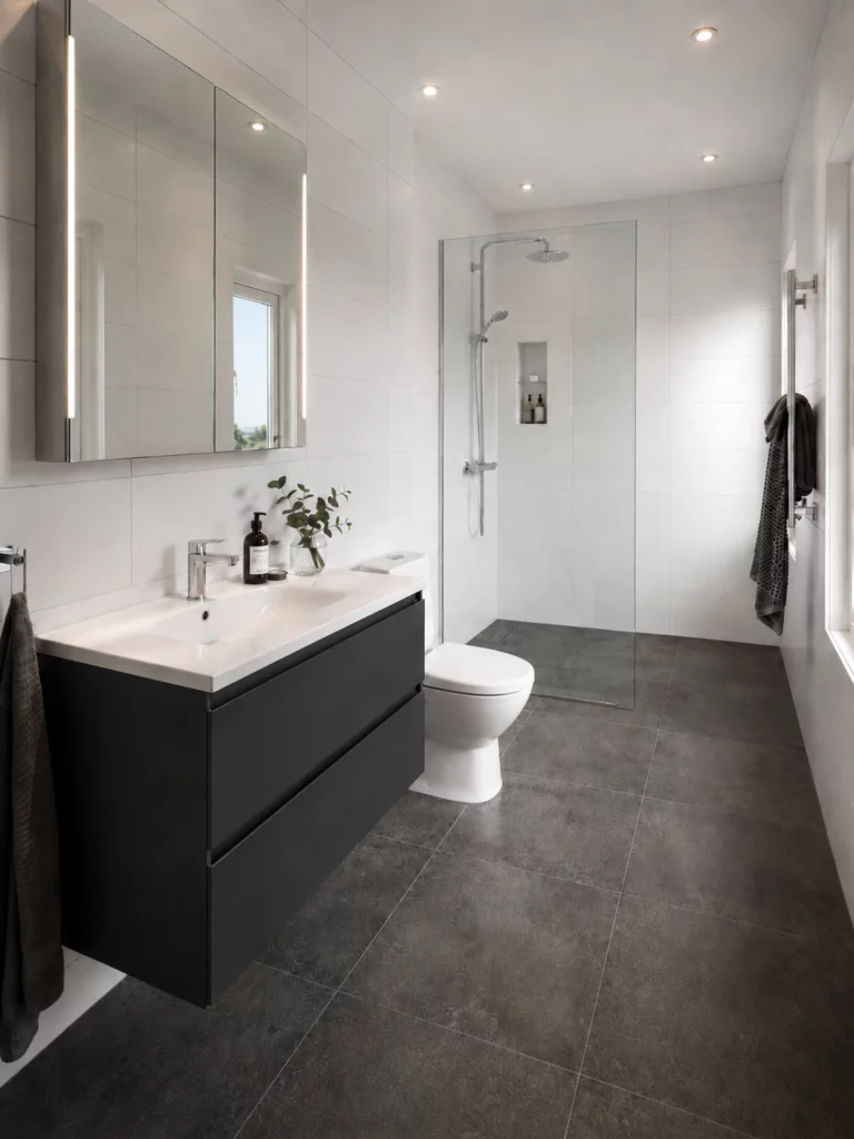 Helrenoverat badrum på Lidingö med varmgrå granitkeramik i 60x60 cm på golv, vitt kakel i 30x60 cm lagt i horisontellt löpförband, kromad armatur, golvvärme och ett ljust tidlöst uttryck. Renoverat av Renovera Nu