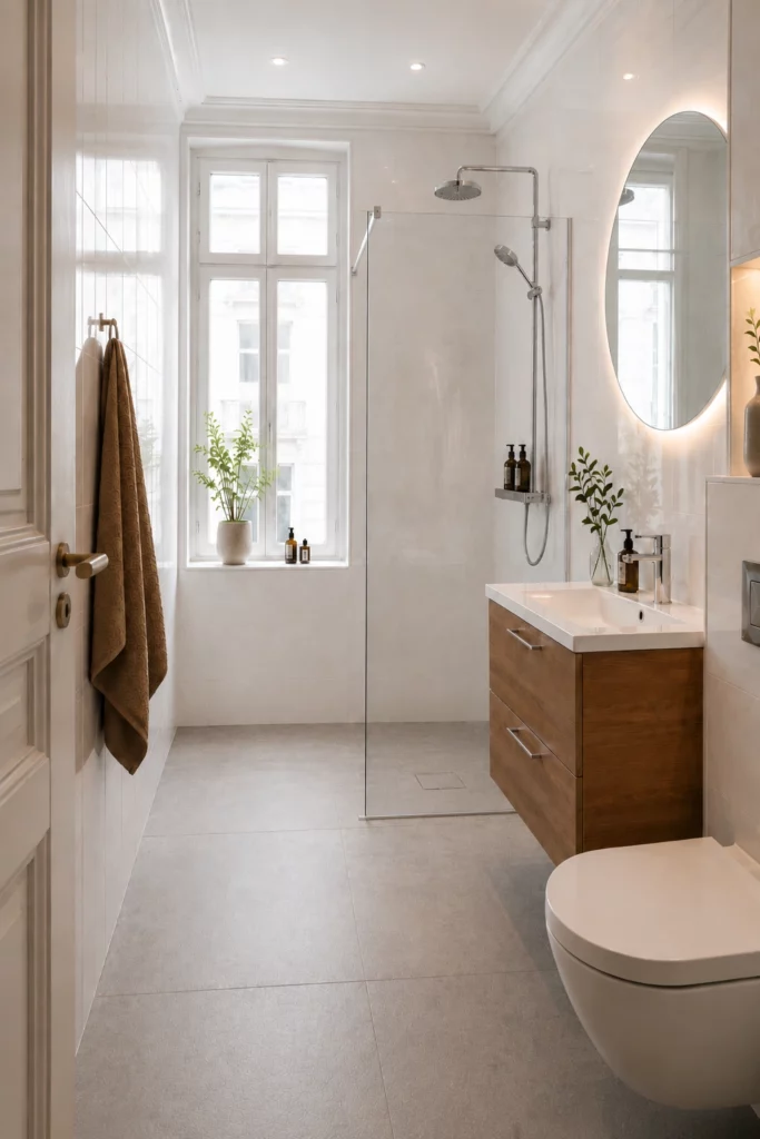 Renoverat badrum på Östermalm med varmgrå granitkeramik i 60x60 cm på golv och väggar, kromad armatur, golvvärme och ett stilrent, tidlöst uttryck. Renoverat av Renovera Nu.