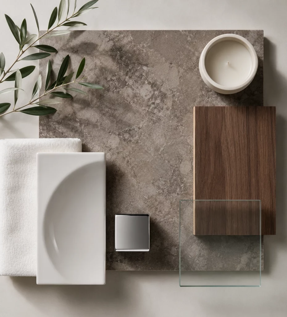 En moodboard för en badrumsrenovering på Södermalm gjord av Renovera Nu