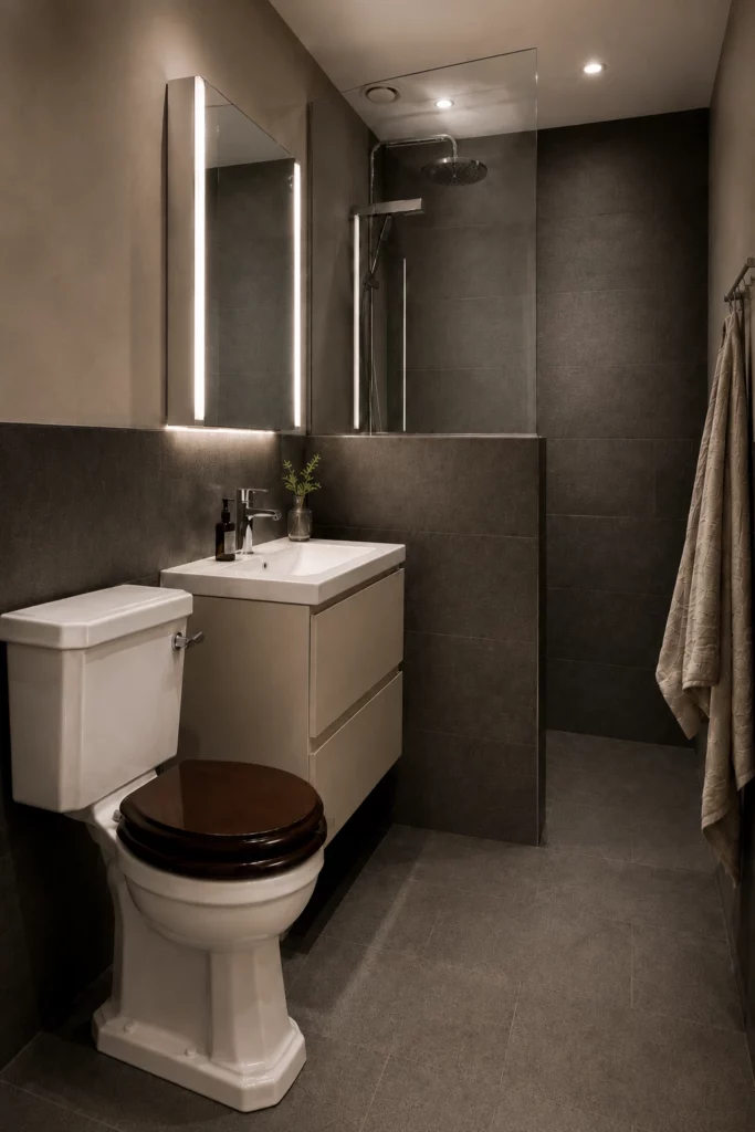 Renoverat mindre badrum i Hornstull med antracitgrå granitkeramik i 60x60 cm, koksgrått golv i 30x60 cm, dusch med murad vägg och fast glasparti, golvvärme och spegelskåp med LED belysning. Renoverat av Renovera Nu.