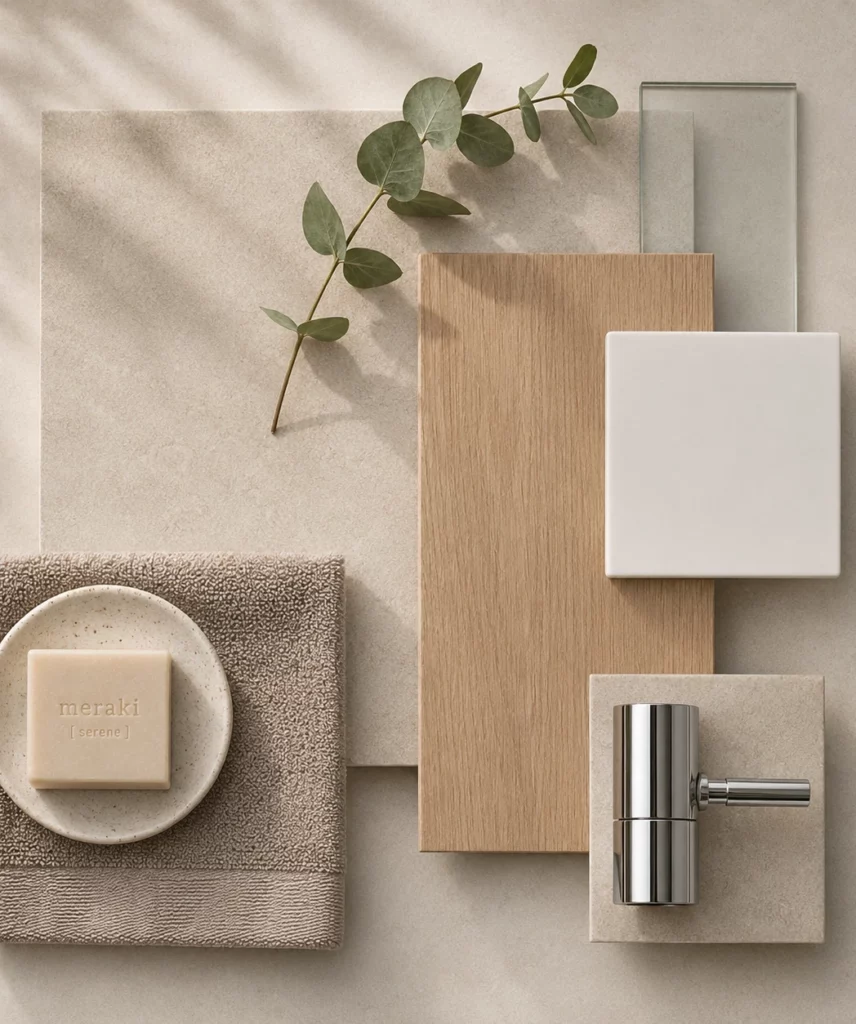 En moodboard för en badrumsrenovering i Sollentuna gjord av Renovera Nu
