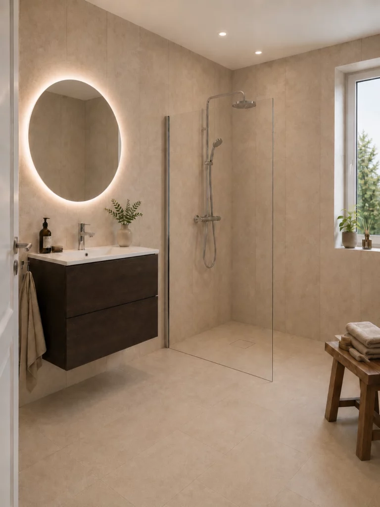 Renoverat villabadrum i Edsberg med varm beige granitkeramik i 30x60 cm på golv och väggar, walk in dusch med sittbänk och fast glasparti, kromad armatur, golvvärme och rund spegel med dold belysning. Renoverat av Renovera Nu