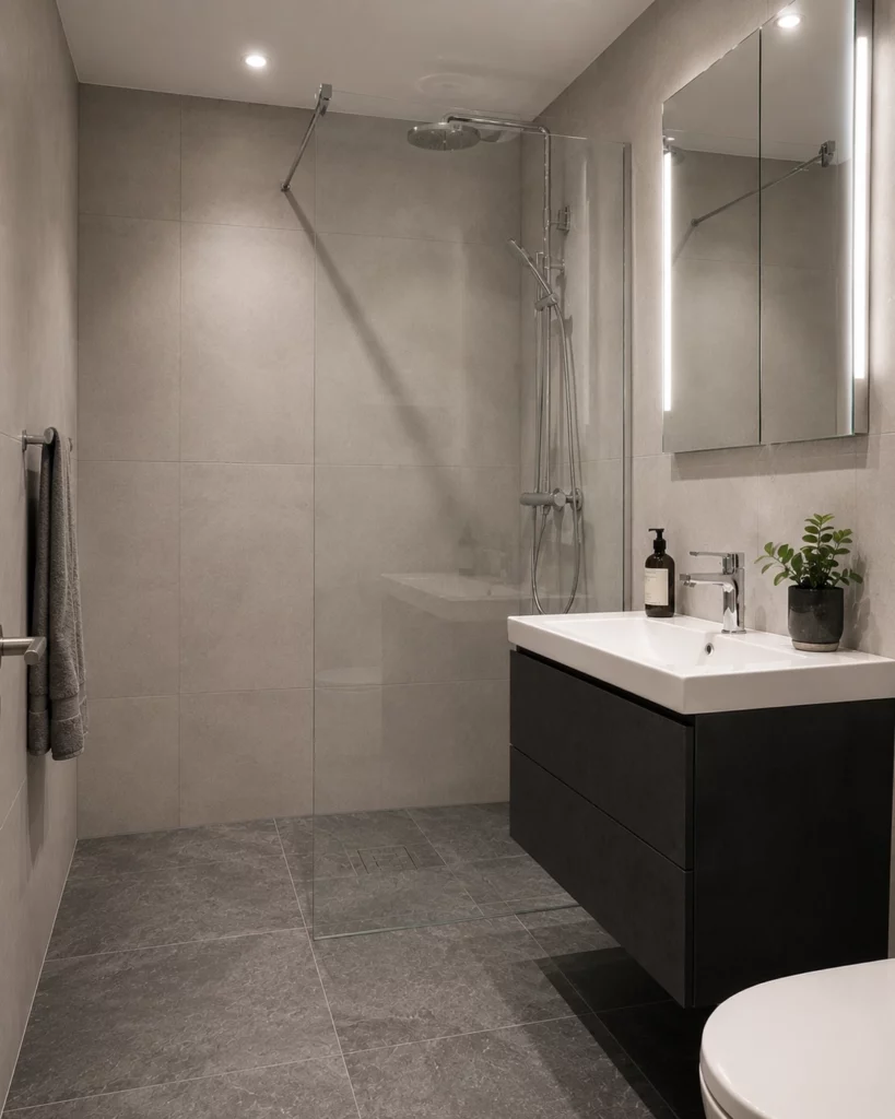 Renoverat mindre nittiotalsbadrum i Tureberg med ljusgrå storformatplattor i 60x120 cm på väggar, mörkgrå granitkeramik i 60x60 cm på golv, walk in dusch med fast glasparti, golvvärme och infällt spegelskåp med LED belysning. Renoverat av Renovera Nu