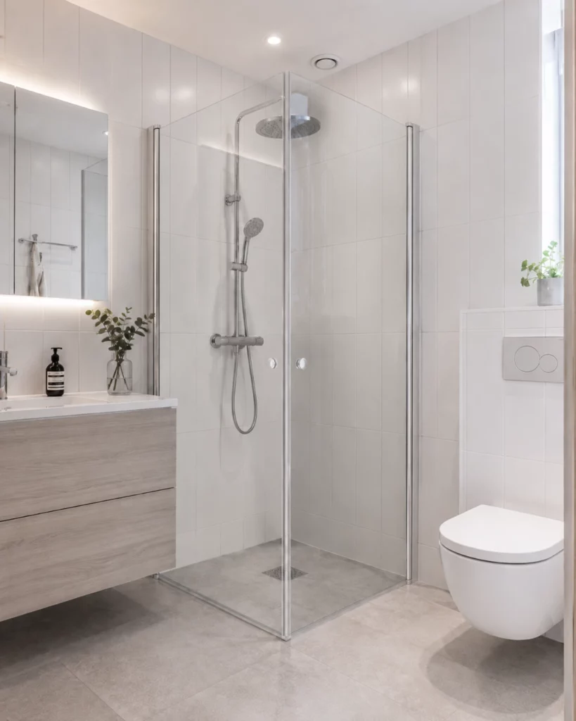 Renoverat trettiotalsbadrum i Råsunda med ljusgrå granitkeramik i 60x60 cm på golv, vitt kakel i 30x60 cm lagt vertikalt, walk in dusch med fast glasparti, kromad armatur och spegelskåp med dold belysning. Renoverat av Renovera Nu