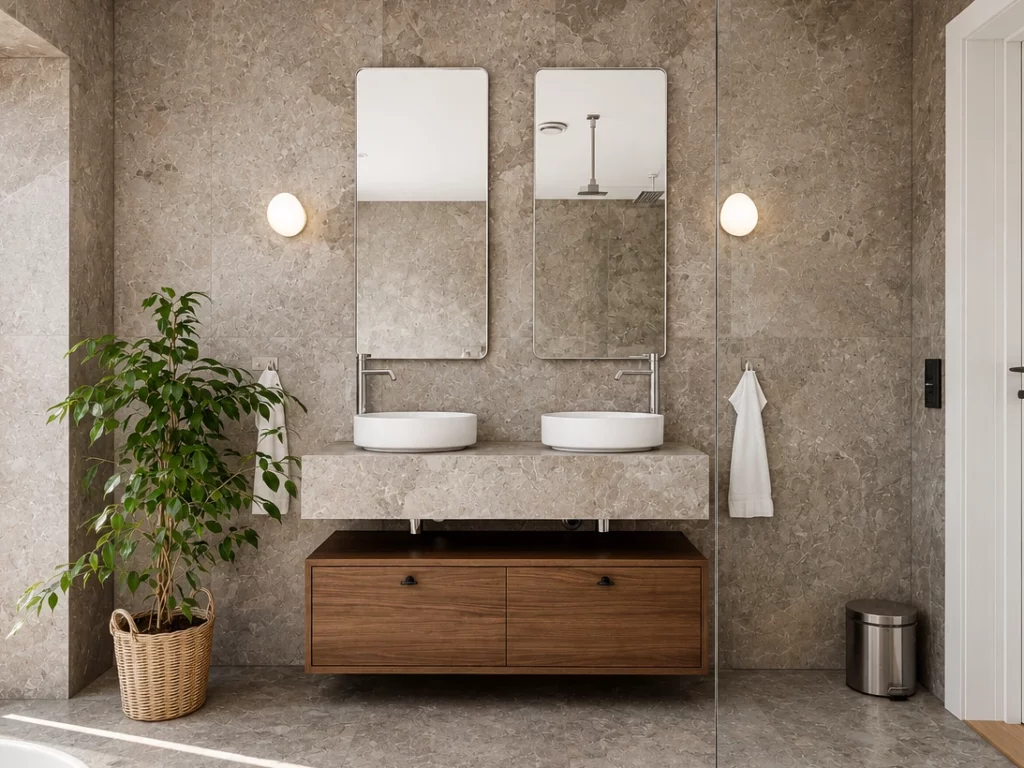 Stilrent badrum i Stockholm renoverat av Renovera Nu.