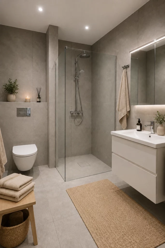 Renoverat villabadrum i Täby med varmgrå granitkeramik i 60x60 cm på golv och väggar, dusch med murad vägg och fast glasparti, kromad armatur, golvvärme och ett lugnt enhetligt uttryck. Renoverat av Renovera Nu