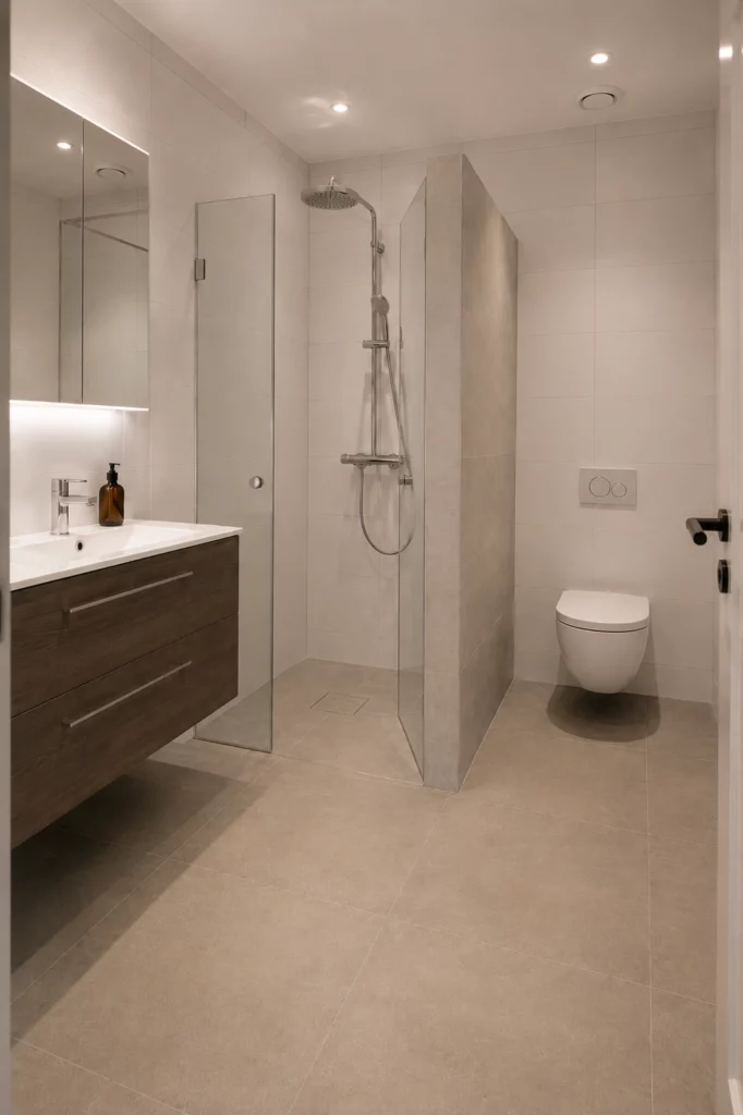 Renoverat villabadrum i Vallentuna med varm beige granitkeramik i 60x60 cm på golv, vitt kakel i 30x60 cm på väggar, walk in dusch med murad vägg och fast glasparti, kromad armatur och golvvärme. Renoverat av Renovera Nu