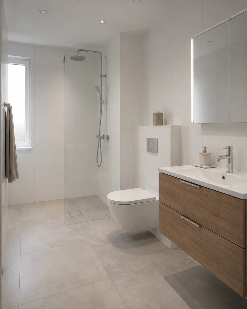 Renoverat badrum i Vallentuna med ljusgrå granitkeramik i 60x60 cm på golv, vitt kakel i 30x60 cm på väggar, dusch med murad vägg och fast glasparti, golvvärme, kromad armatur och infällt spegelskåp med LED belysning. Renoverat av Renovera Nu