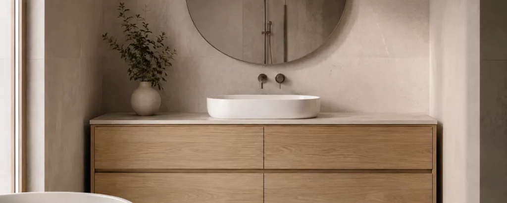 Badrum med ek kommod och rund spegel renoverat av renovera nu stockholm ab